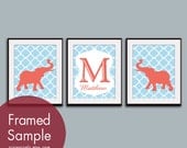 Personalized Initial Name Prints with Elephants (Set of 3 - 8x10 Art Prints) Featured in Something Blue and Hibiscus (Customizable Colors)