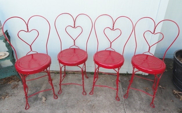 Vintage Red Wrought Iron Chair Ice Cream Parlor Chairs  Cafe Coors Seats Set of 4