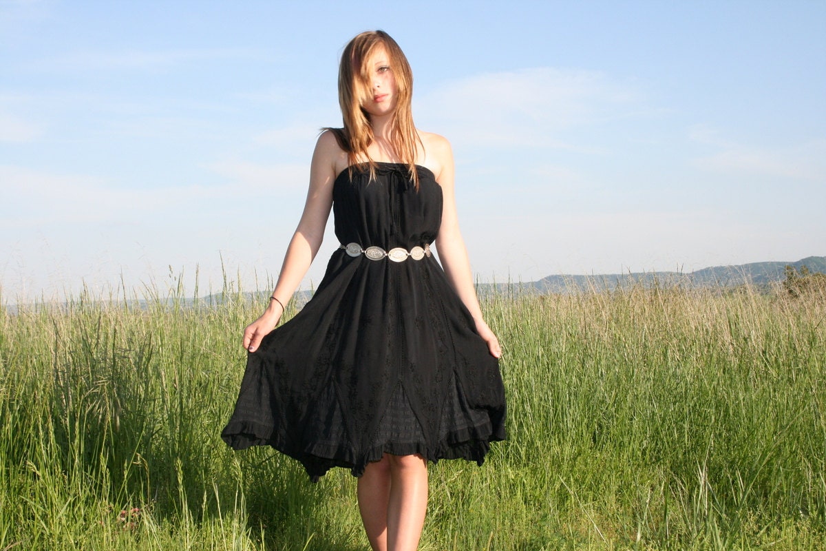 Vintage Black indian Skirt Dress S M Sundress Rayon Embroidered