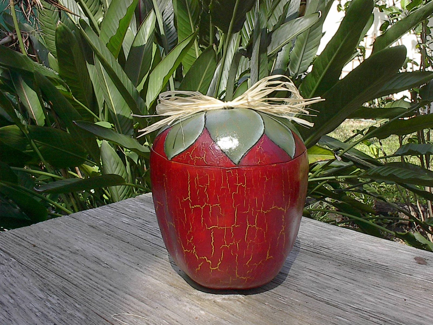 Handpainted Crackled Apple Gourd Basket Strawberries