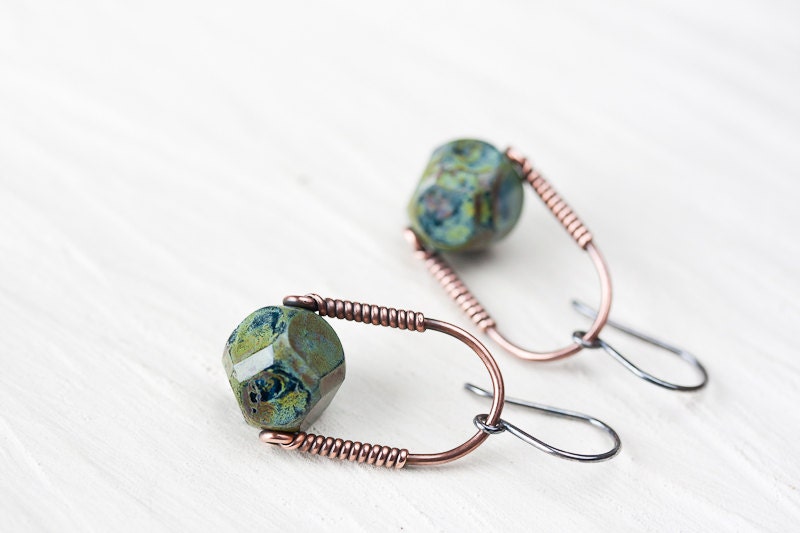 Green Minimalist Earrings - Modern Copper Dangle Earrings, Olive Green Picasso bead - Geometric jewelry, sterling silver earwire
