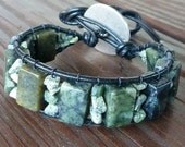 Chunky Serpentine Cuff Bracelet - Black Leather Bracelet, Green Serpentine Beads