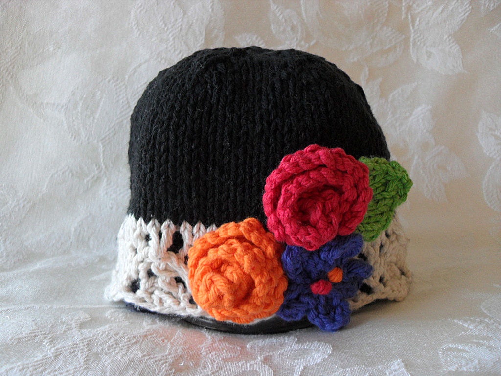 Hand Knitted Baby Hat  in Black and Ivory Lace with Bright Flowers -cotton knitted baby cloche - knitted children clothing -- WAKE UP COLORS