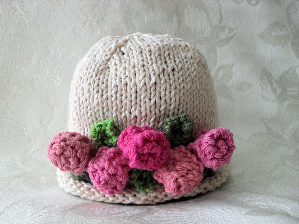 Hand Knitted Cotton Baby Beanie-Ivory and Pink Rosebuds-All Weather Knitted Baby Hat-Children Clothing-ROSEBUDS GALORE