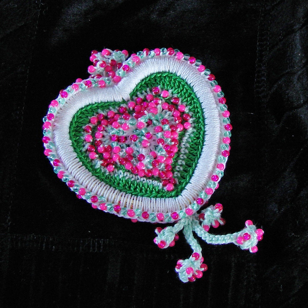 Heart Brooch Pin - Crocheted and Beaded - Pink, Green and White - Cotton