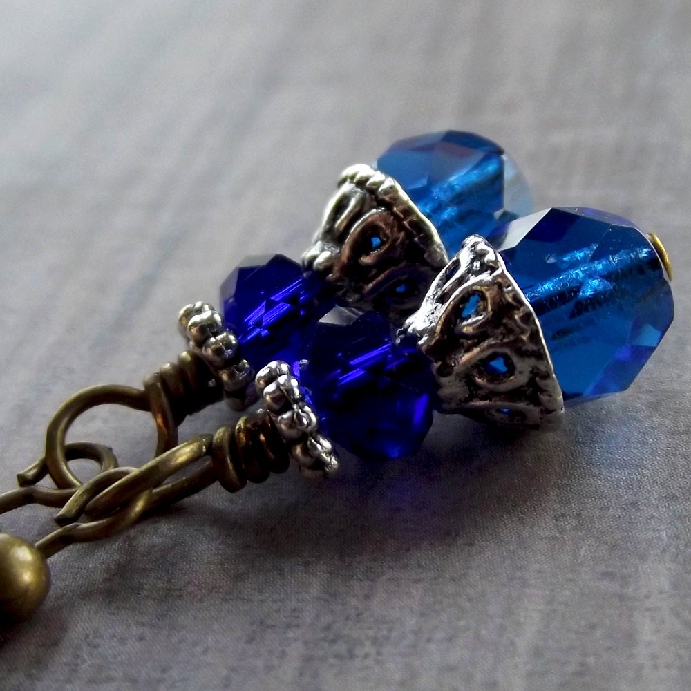 Antiqued Bronze Brass Crystal Earrings -Blue Sapphire