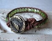 Beaded Leather Wrap Bracelet, Brown Leather Wrap, Olive Green, Leaf Button, Czech Glass Beads