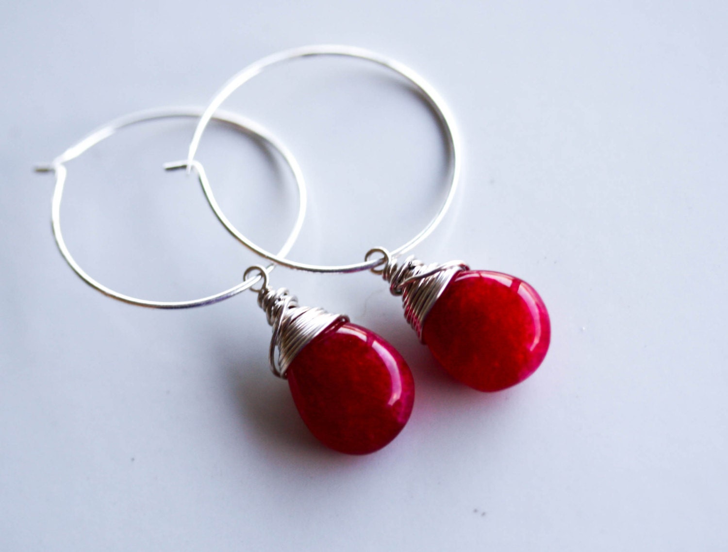 Red Wire Wrapped earrings on Sterling Hoops - LibertyOriginals