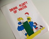 1960s Vintage School Mini Health Poster. Drink Plenty of Water