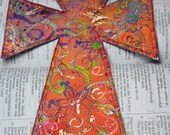 MarveLes LARGE ORANGE  CROSS 12 Bookmark Christian Easter Baptism keepsake Mothers Day Graduation Bright Aqua quilted