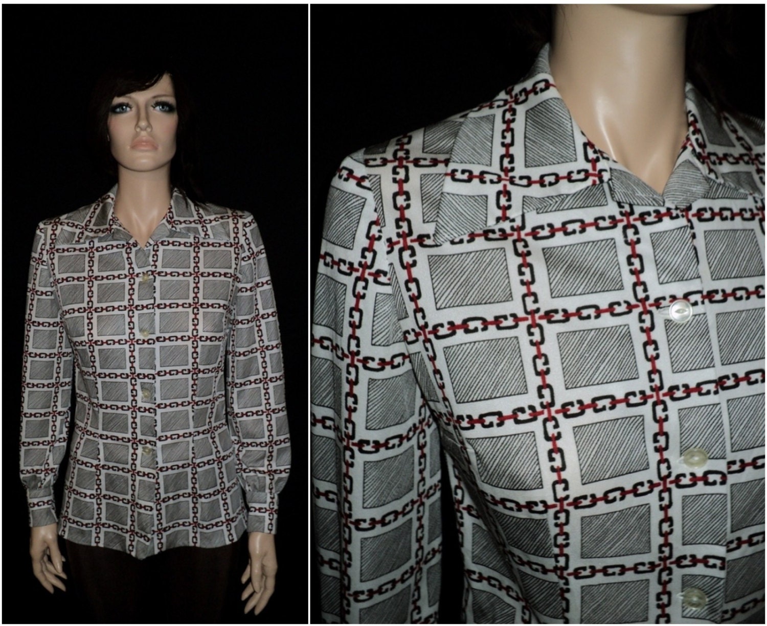 vtg 80s stretch Black Red White Chain Link Print Blouse S/M
