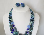 Vintage Jewelry Set - 3 strand Necklace and Matching Cluster earrings in Beach/Sea colors- Japan - Mad Men Costume Jewelry
