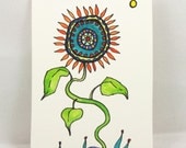ACEO . Original Watercolor Painting . Pen Drawing . Sunflower Art . Whimsical Flower Art