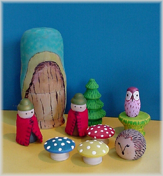 Woodland Gnomes Mushrooms and Forest Animals Peg Dolls Waldorf Wood Toy 8pcs