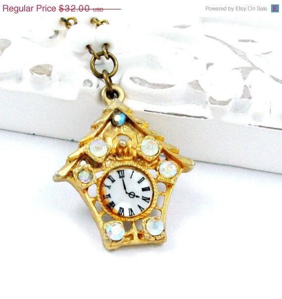 SALE Birdhouse Necklace Clock Necklace Vintage Clock Necklace Rhinestone Charm White Beaded Chain Mint Green Gold - Sparkle of Time