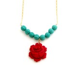 Red Rose Necklace Red Flower Necklace Turquoise Beaded Jewelry Gold Filled Chain Bamboo Coral Statement Jewelry Southwest - Carina