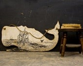 Extra Large Whale Decor with Seafaring Print Hangs with Knotted Rope