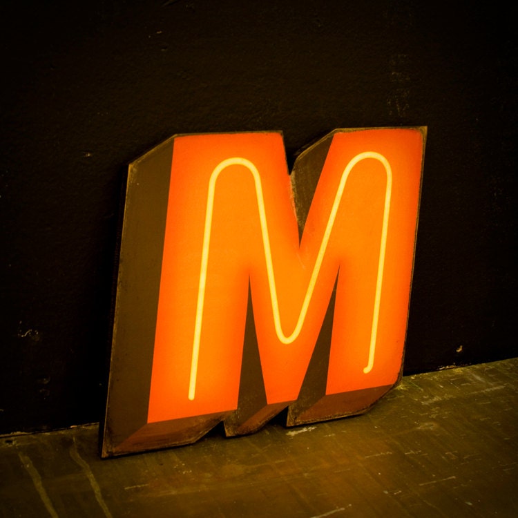 Faux Neon Wood Letter M Warm Light