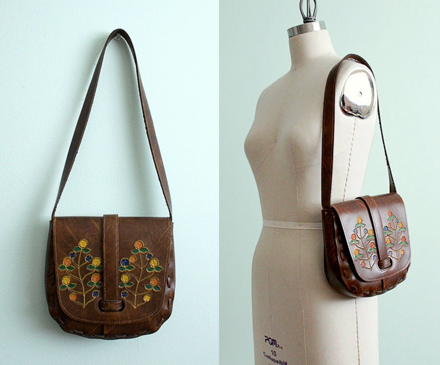 Vintage Brown Leather Floral Printed 70's Satchel Purse
