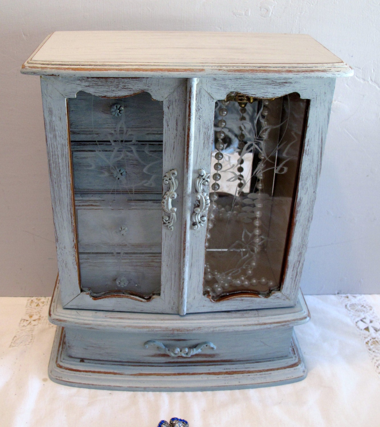 Vintage Wood Jewelry Chest ,Gift, Distressed, Hand finished in Pale French Gray