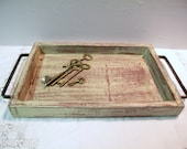 Upcycled  16" Wood Serving Tray with Metal Handles, Primitive Country Kitchen, Distressed in Cream & Red