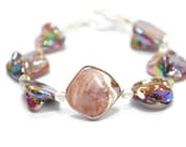 Mauve Chunky Bracelet, Light Pink Mother of Pearl Nugget, Pale Yellow Crystal Bracelet, Spring Fashion Gift For Her