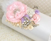 Bridal Clutch Party Clutch in White in Light Pink, Lilac and Ivory with Handmade Flowers and Brooches
