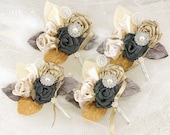 Corsages in Ivory, Charcoal, Pewter and Gold with Crystal Jewels, Feathers and Handmade Flowers