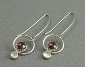 blood red garnet and white moonstone sterling silver circle dangle earrings FREE SHIPPING
