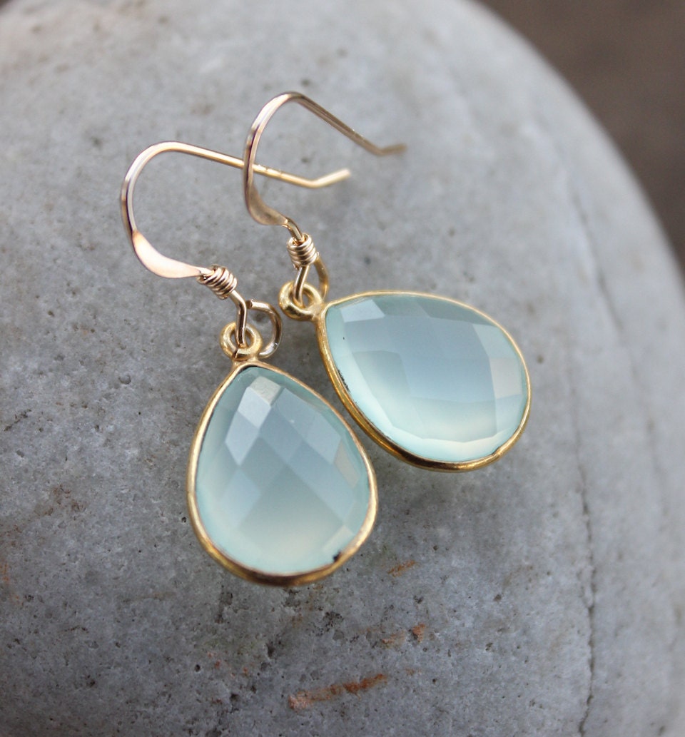 Simple Aqua Blue Chalcedony Teardrop Earrings - Gemstone Earrings - 14Kt Gold Fill
