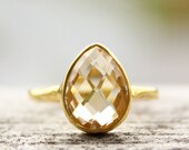 Gold Light Yellow Citrine Gemstone Ring - Stackable Ring - Teardrop Cut