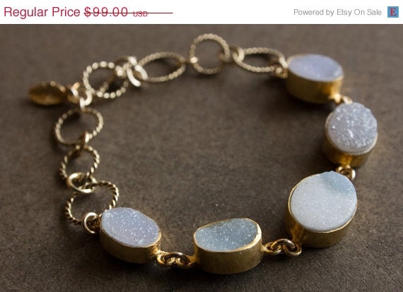 Memorial Day SALE Gold Multicolour Agate Druzy Gemstone Bracelet - Toggle Bracelet - Leaf Charm