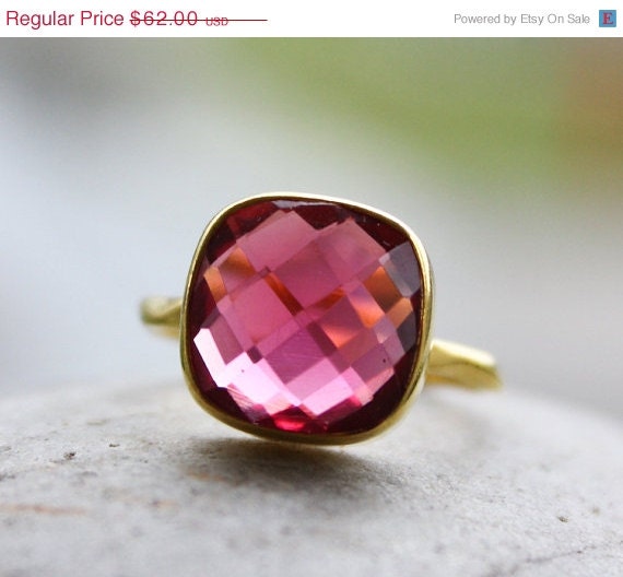 Memorial Day SALE Gold Red Ruby Quartz Gemstone Ring - Stackable Ring - Cushion Cut
