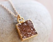 SALE 15 OFF Gold Maple Sugar Druzy Necklace - Brown Geode Slice - Square Pendant, Gemstone Necklace