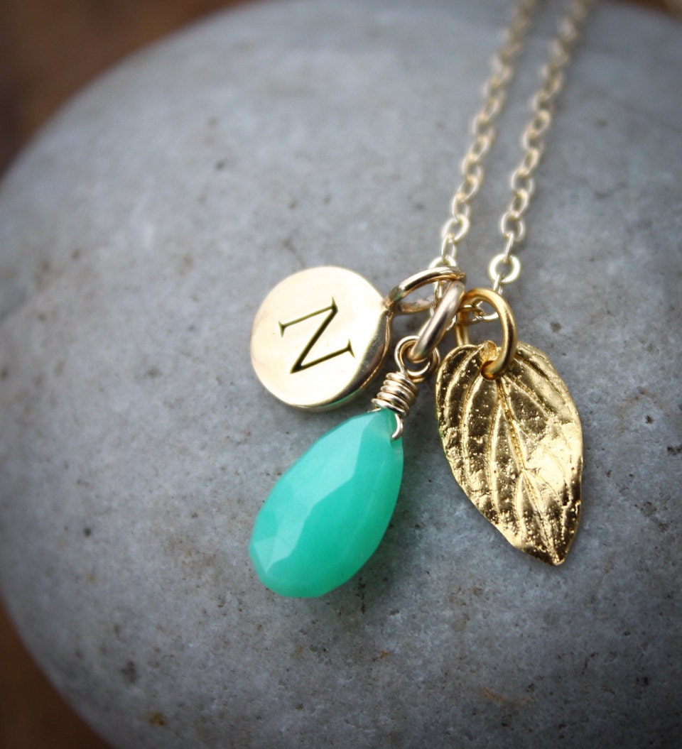 Gold Green Chrysoprase Initial Charm Necklace - Personalized Jewelry - 14KT Gold Fill