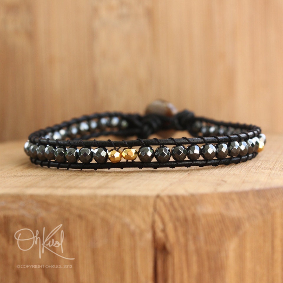 Black Leather Wrap Bracelet - Black Hematite, Gold and Silver Pyrite - Rebellious, Single Wrap Bracelet
