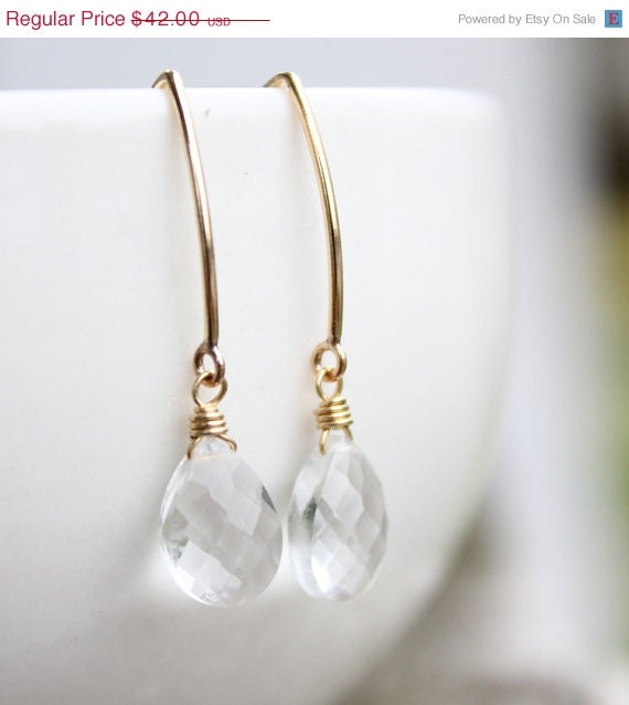 SALE 15 OFF Gold Crystal Quartz Gemstone Earrings - Wire Wrapped - 14KT Gold Fill