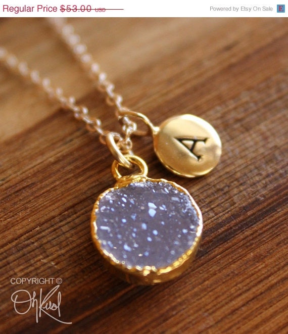 SALE 15 OFF Gold Light Purple Druzy and Hand Stamped Initial Charm Necklace - Personalized Necklace - Mauve