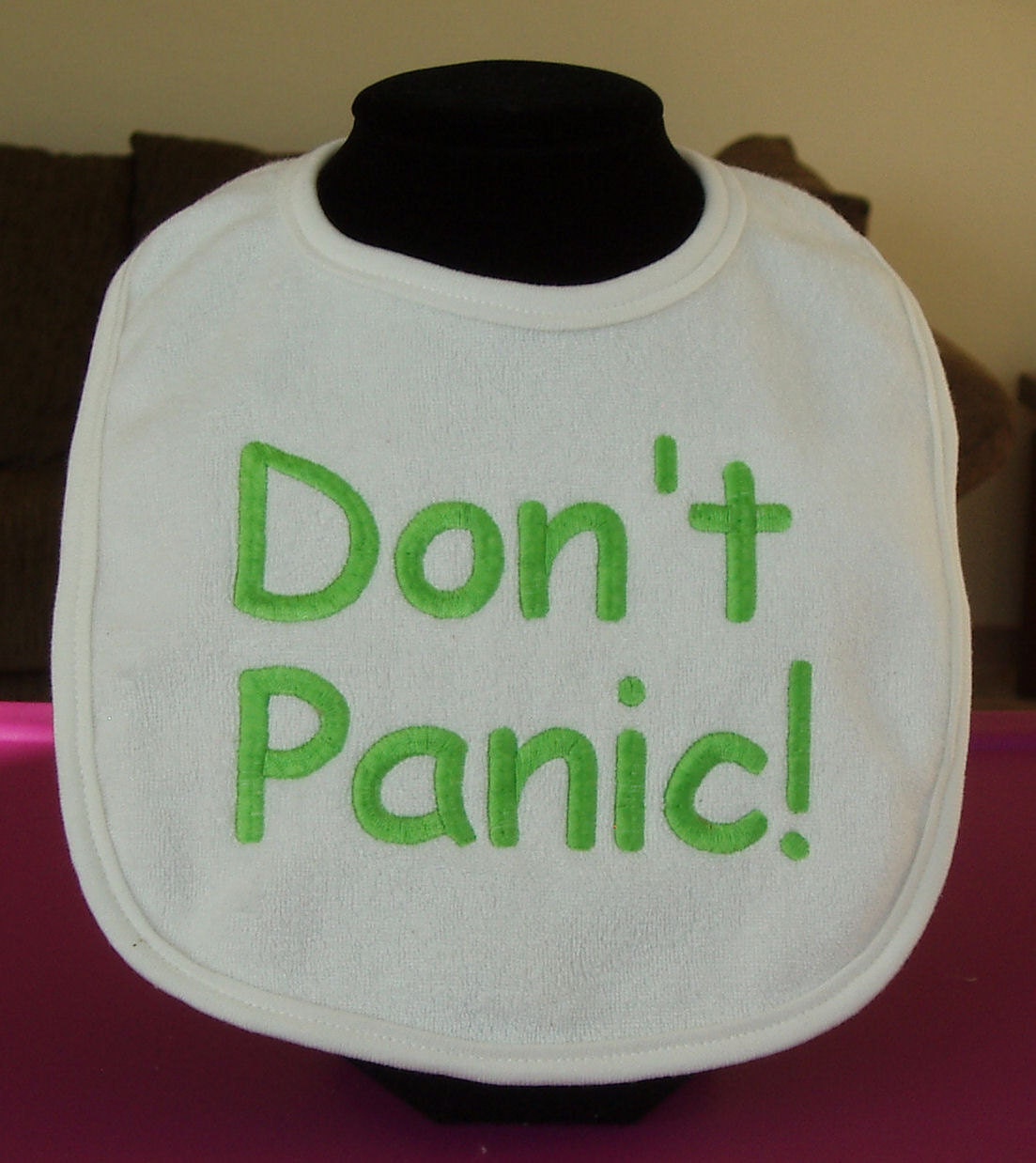 Embroidered baby bib for the new parent- Don't Panic