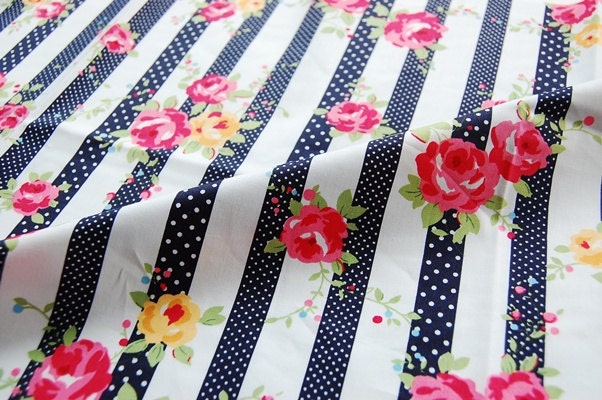Half Yard "Navy Blue Stripe Rose" 100% Cotton Fabric Quilt