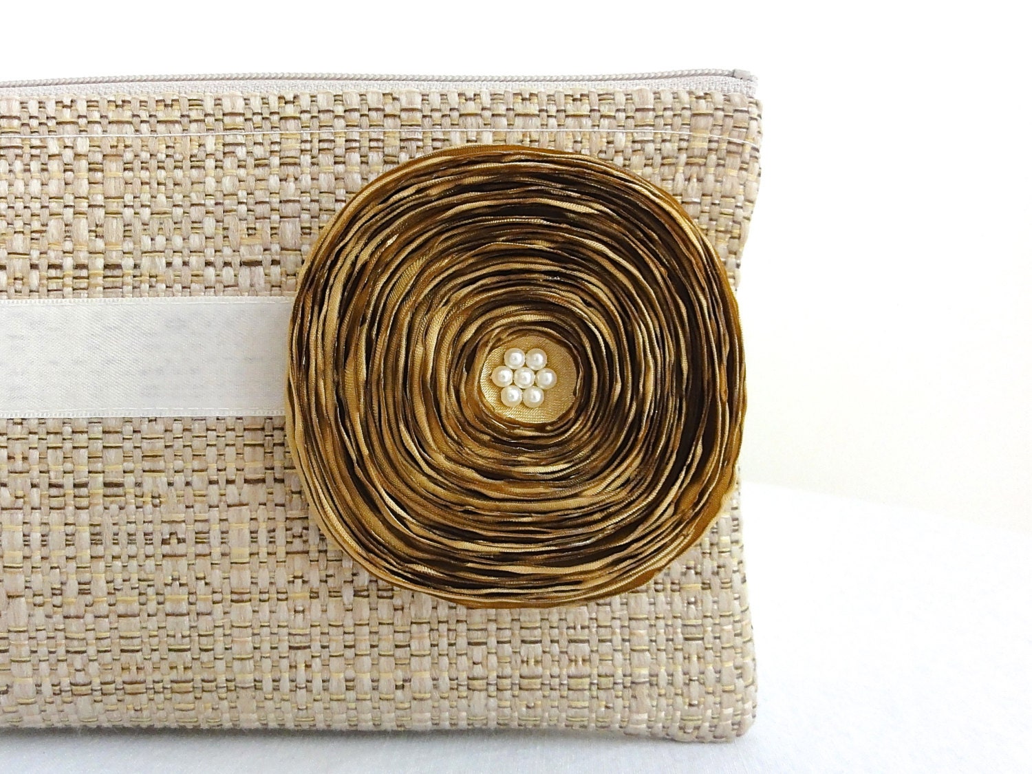 Tan Clutch with Ivory Ribbon and Handmade Gold Satin Flower