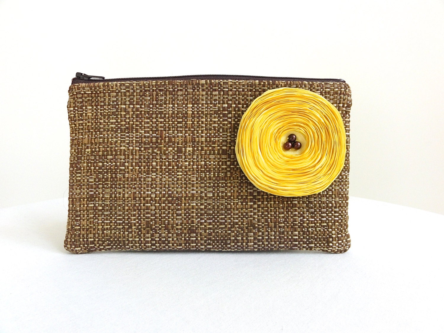 Chocolate Brown Clutch Handbag / Lemon Yellow Satin Flower