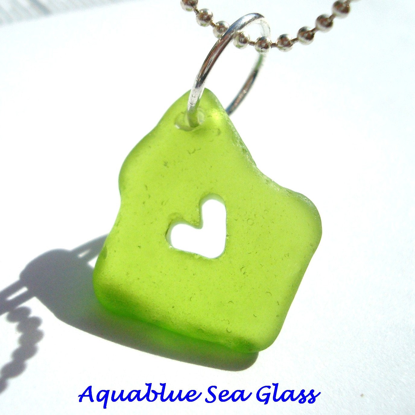 Heart CARVED  LIME Green  Drilled  Sea Glass  Pendant  FREE Shipping (524)
