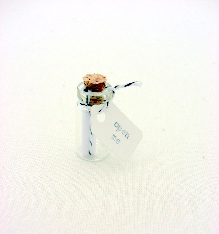 Bridesmaid invitation, message in a bottle, black and white bakers twine, hand typed message
