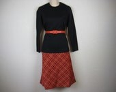 1960's red tartan dress set. mod plaid skirt and blouse with kerchief.  small. new old stock.