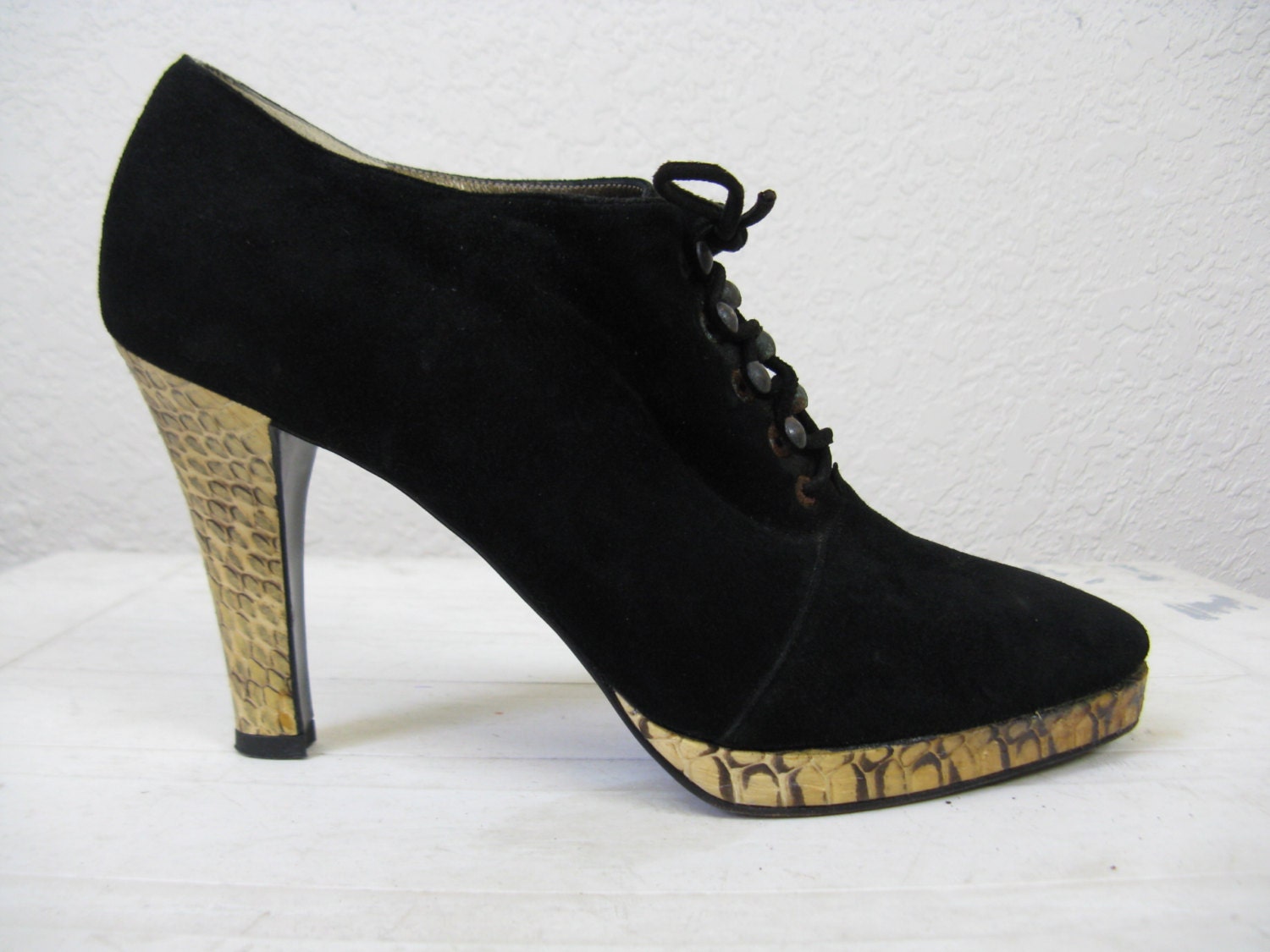 yves saint laurent python boots / booties.  black suede oxford high heel. 7M / 7