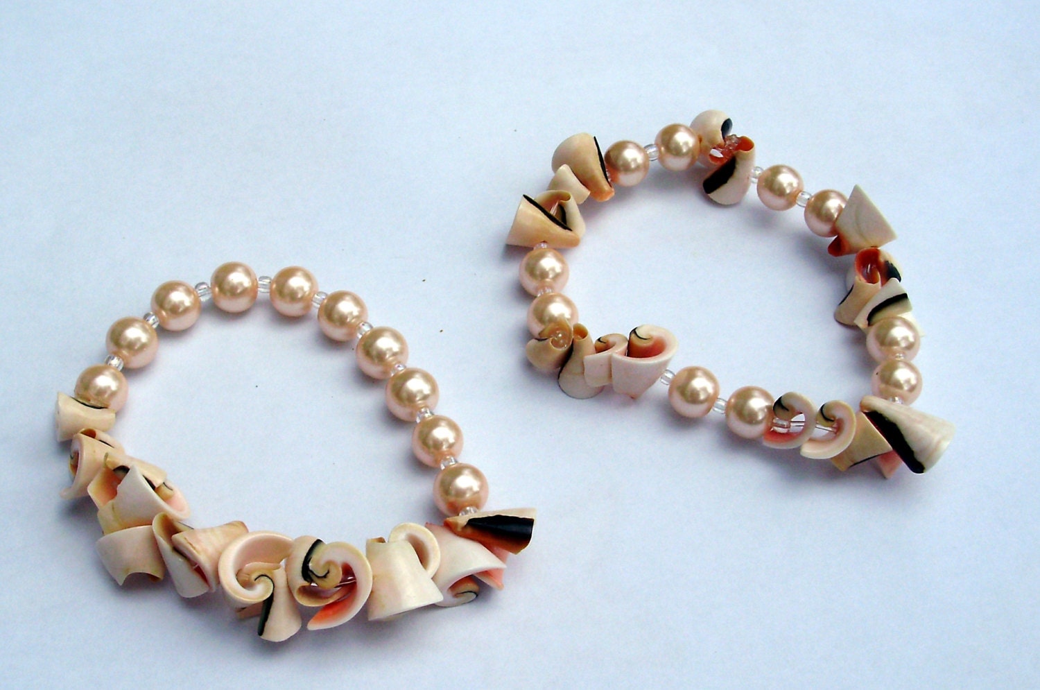 Bracelets- Pearls  Salmon Pearls- Peach Botswana Shell Bracelet- Stretch Pearl-Shell Bracelet- OOAK- Handmade