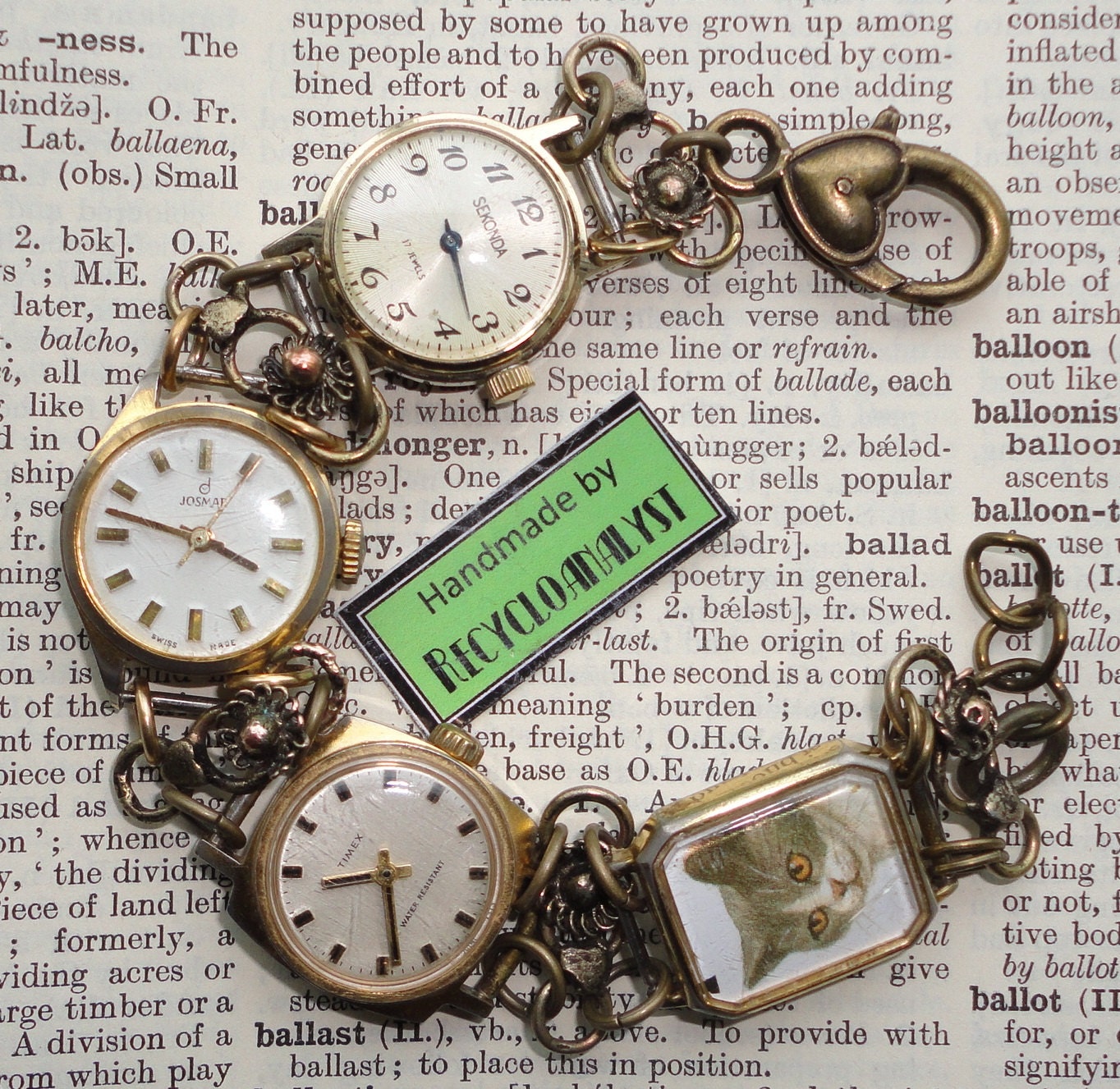Unusual Handmade Recycled Vintage Watches Bracelet With Cat Portrait, Eco Friendly, Wearable Art