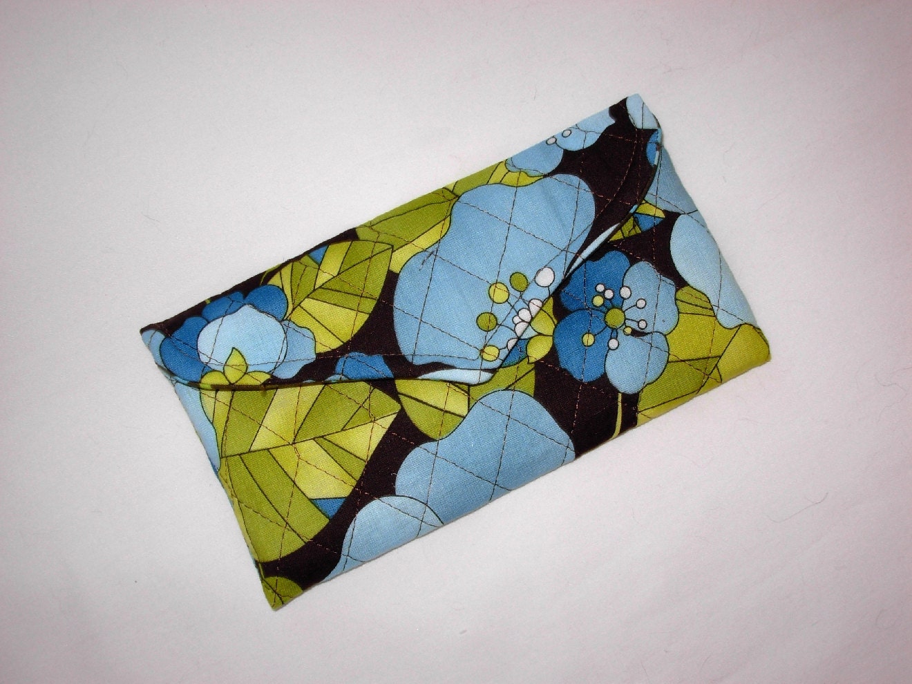 Glasses Case Quilted Mod Floral Blue Brown Green Envelope Style