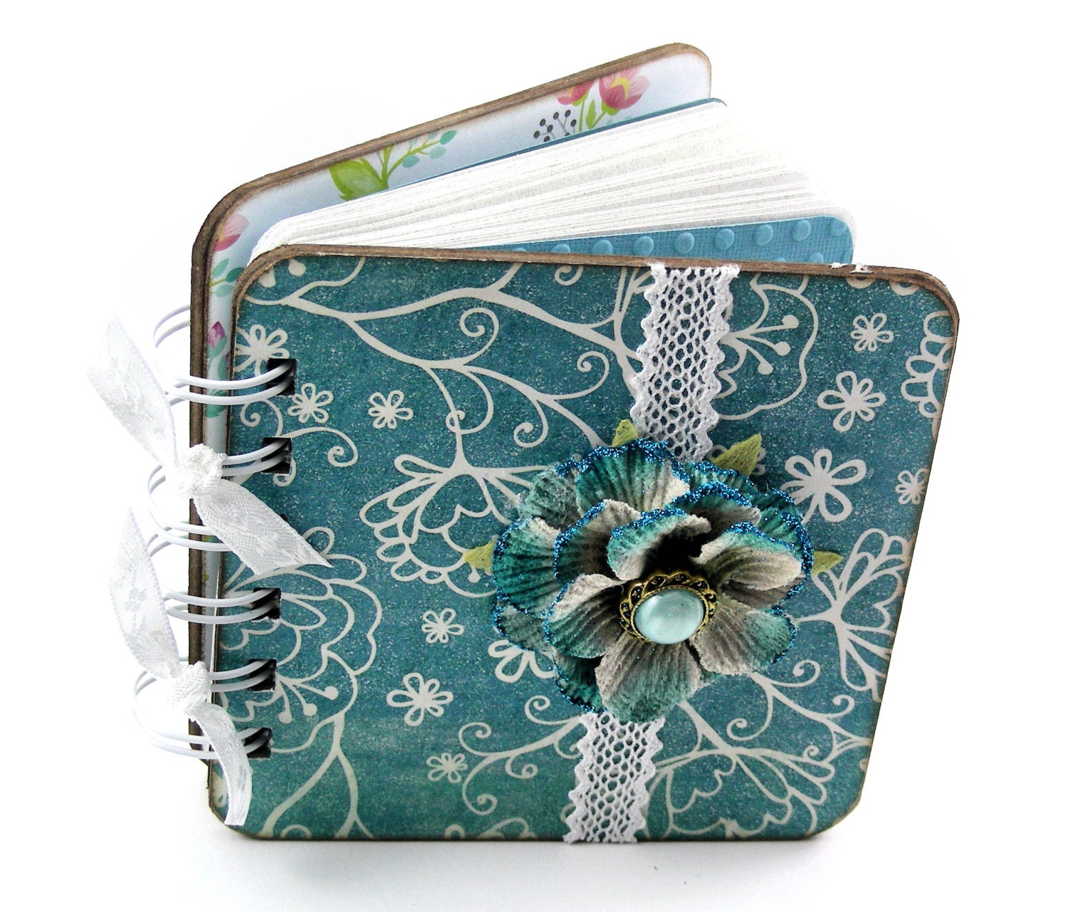 Turquoise Trellis Gratitude Book, spiral bound, count your blessings, 100 pages, turquoise, white floral design